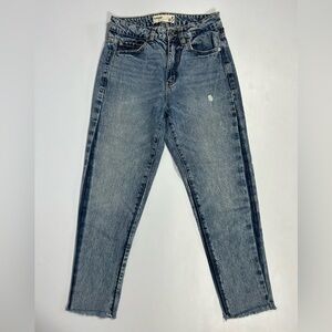 Garage 03 Blue Mid Wash High Rise Ankle Mom Jeans Raw Hem Straight Leg Size 03